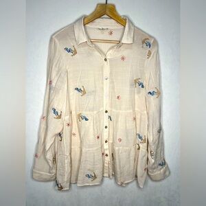 Hope Springs Cream Coastal Nautical Shell Button Embroidery Blouse Women Size L
